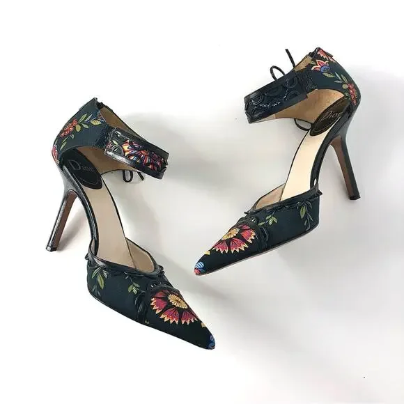 Vintage Dior SS 2002 Floral Print Bow Detail Pointed Toe High Heel Pumps 38 - Picture 4 of 8